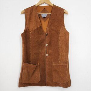 VTG Brown Suede Vest Pockets Coastal Cowgirl Western Ranch Boho Retro 70s Rock